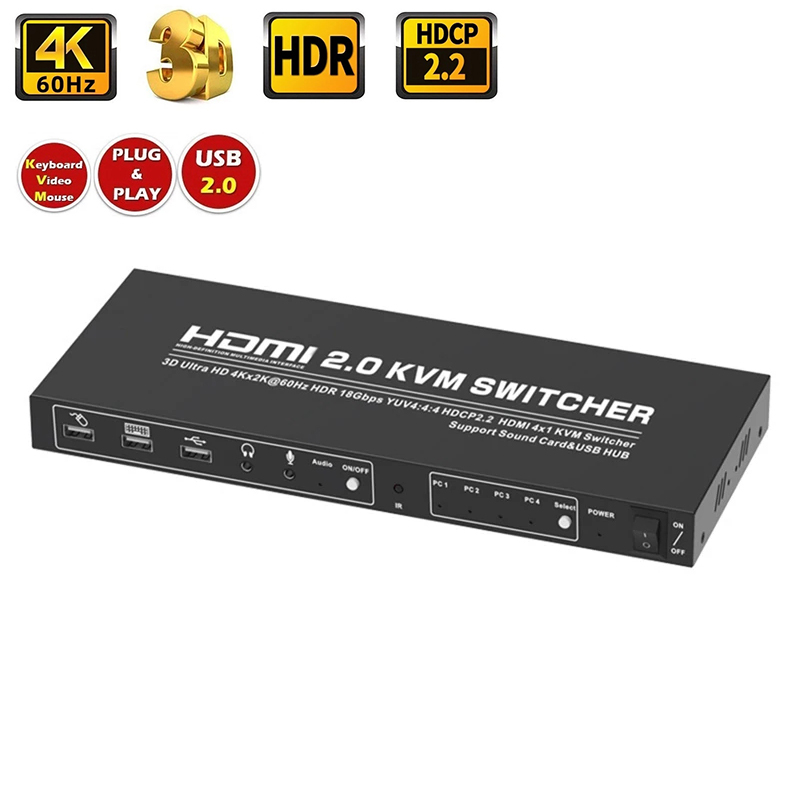 4 Ʈ HDMI KVM ó 4K @ 60Hz 4 In 1 Out USB KVM ó HDMI2.0 HDR 4:4:4 HDCP2.2 Ű 콺 4  ǻ 